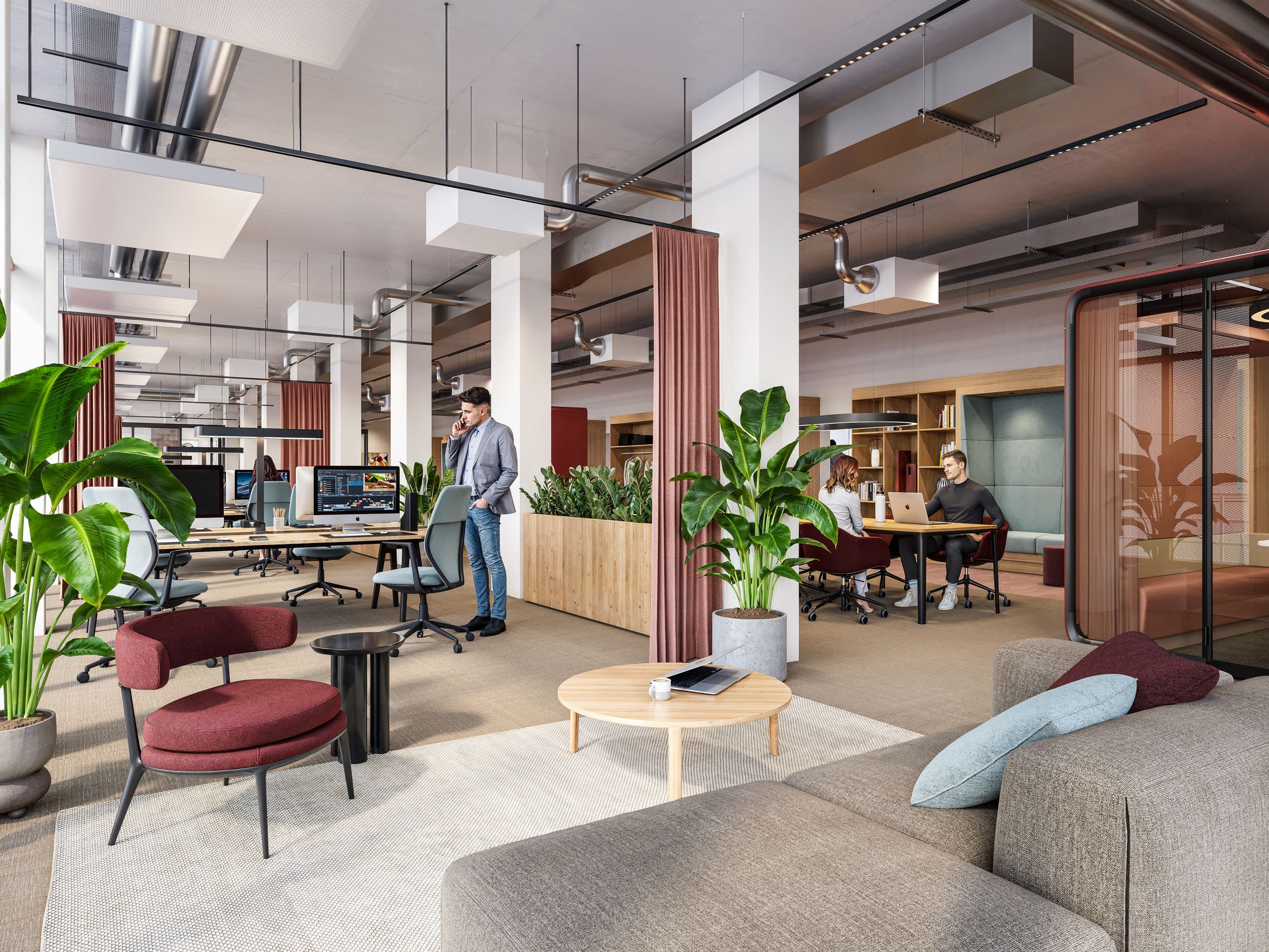 Ansicht einer Arbeitsumgebung im Gebäude FLOW im Neuen Klybeck in Basel