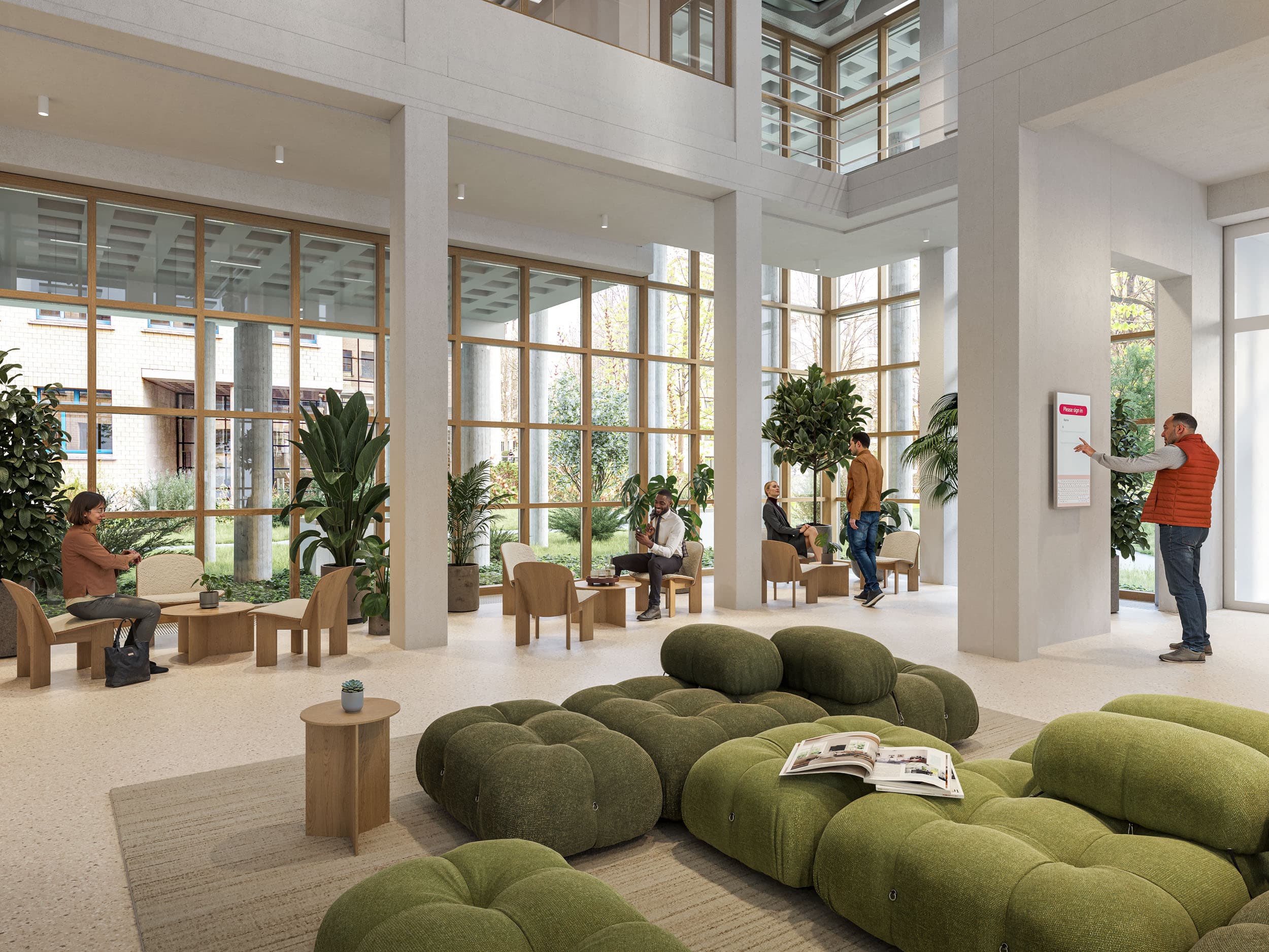 Ansicht der Eingangshalle im Gebäude FLOW im Neuen Klybeck in Basel
