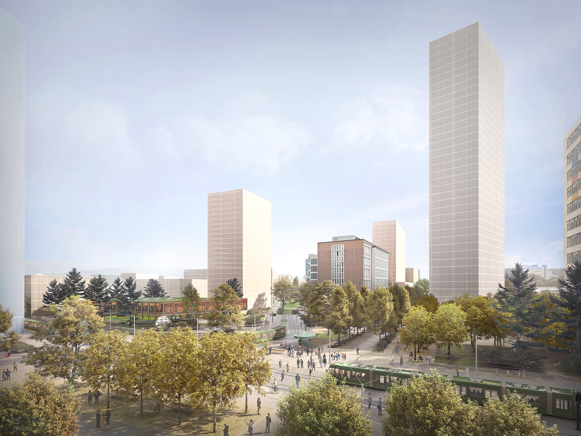 Blick auf den Klybeckplatz im Neuen Klybeck in Basel mit Bäumen, Fussgängern, Tram und modernen Wohnhochhäusern