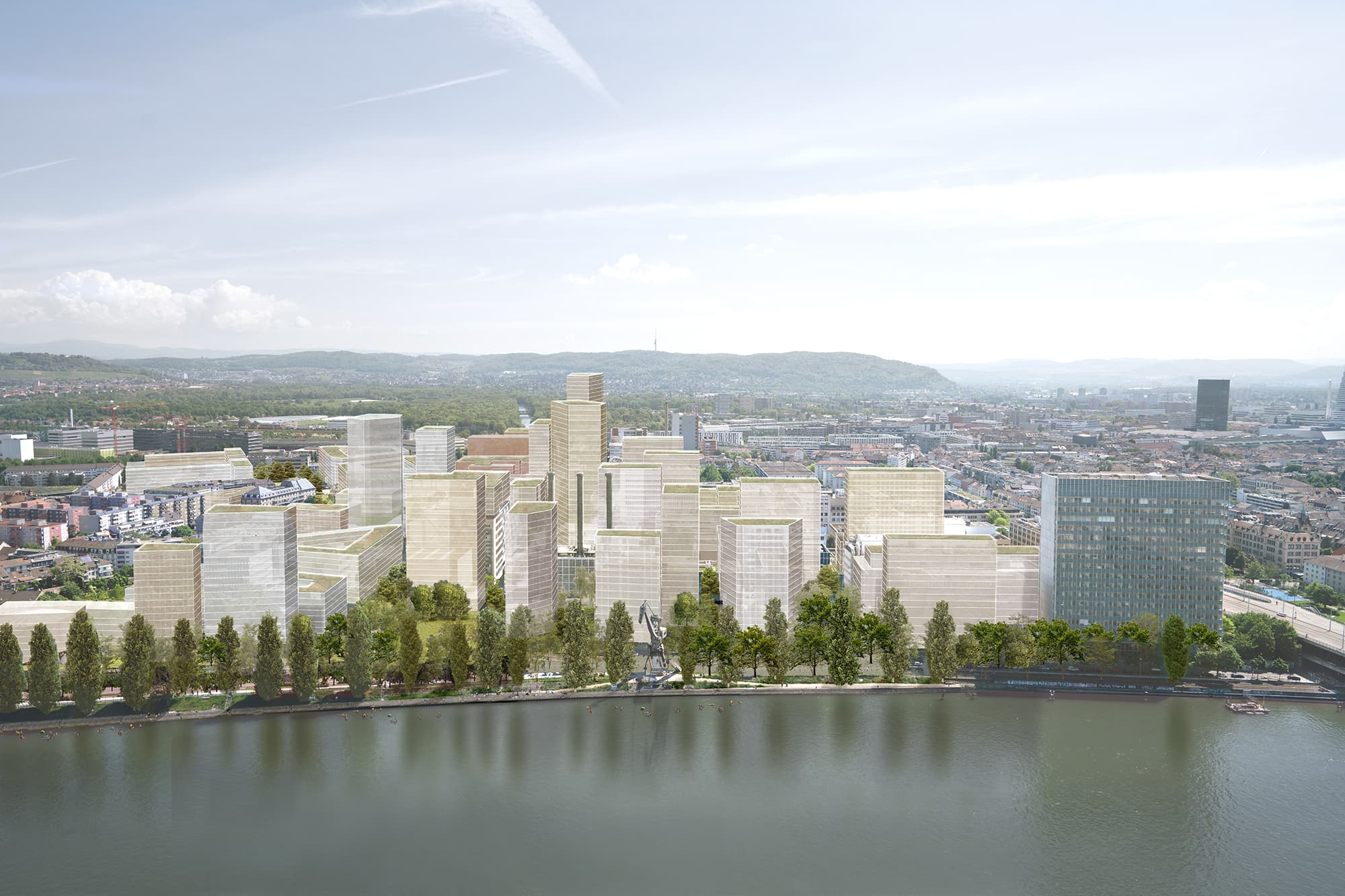 Ansicht des Neuen Klybeck in Basel mit dem Rhein und einem begrünten Uferweg im Vordergrund